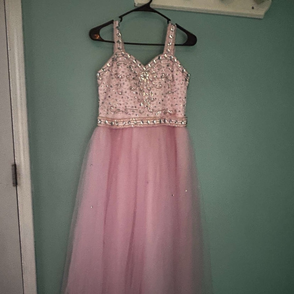 Pink rhinestone dress perfect for pageants with corset back and tulle skirt